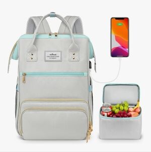 Grey & Aqua Multi-Compartment Backpack with Insulated Lunch Bag